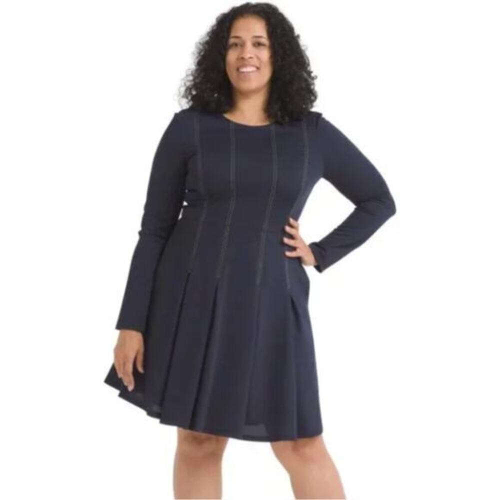 Anthropologie Hutch Pleat Fit & Flare long sleeves Dressโ Navy Blue, size L